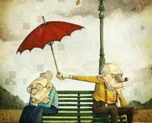 Love on a park bench in the rain